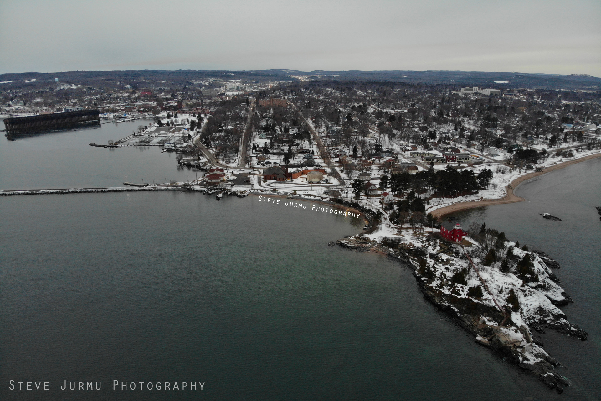 Marquette, MI lighthouse, McCartys Cove, Drone view
